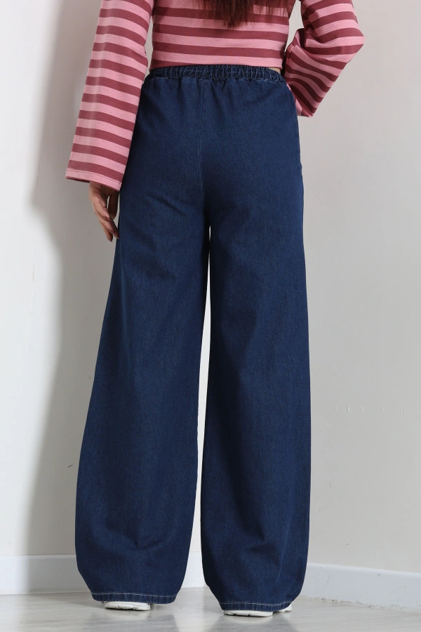 Kadın Koyu Mavi Beli Lastikli Bol Paça Kot Pantolon 7