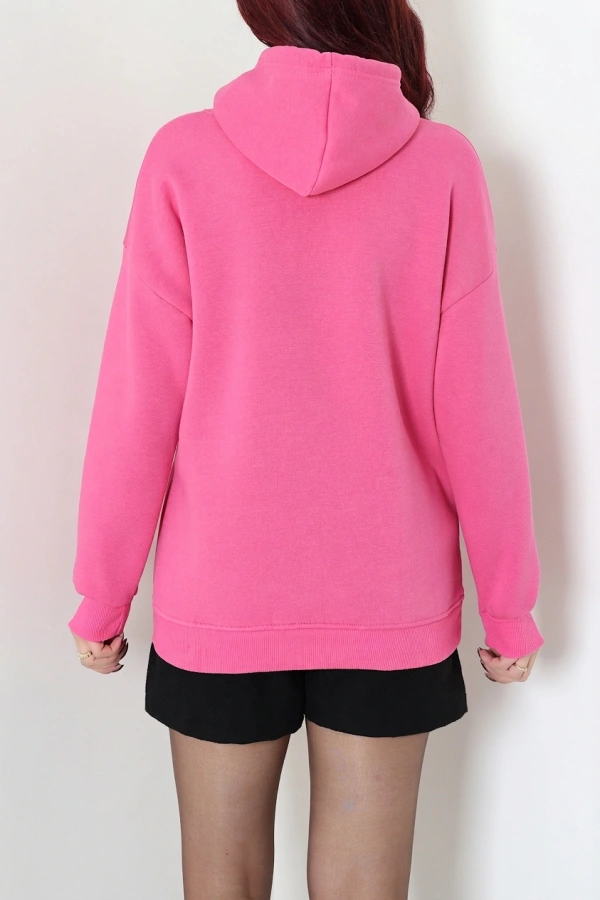 Kadın Pembe Üç İplik Kapüşonlu Nakışlı Sweat Tunik 8