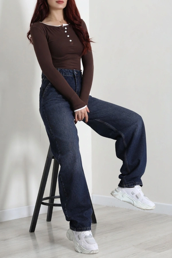 Kadın Lacivert Yüksek Bel Baggy Fit Bol Kesim Kot Pantolon 5