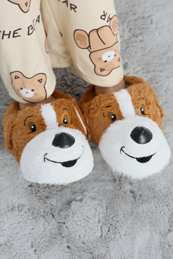 Kadın Kahve Beyaz Peluş Ev Terliği Panduf 3