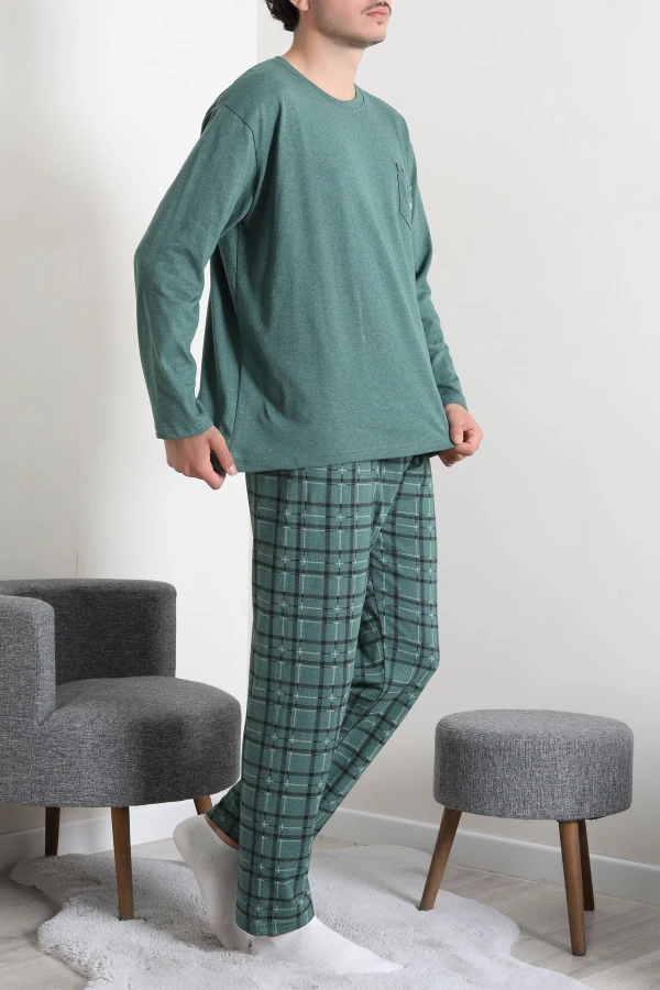 Erkek Yeşil Ekose Süprem Uzun Kol Cepli Bisiklet Yaka Pijama Takımı 4