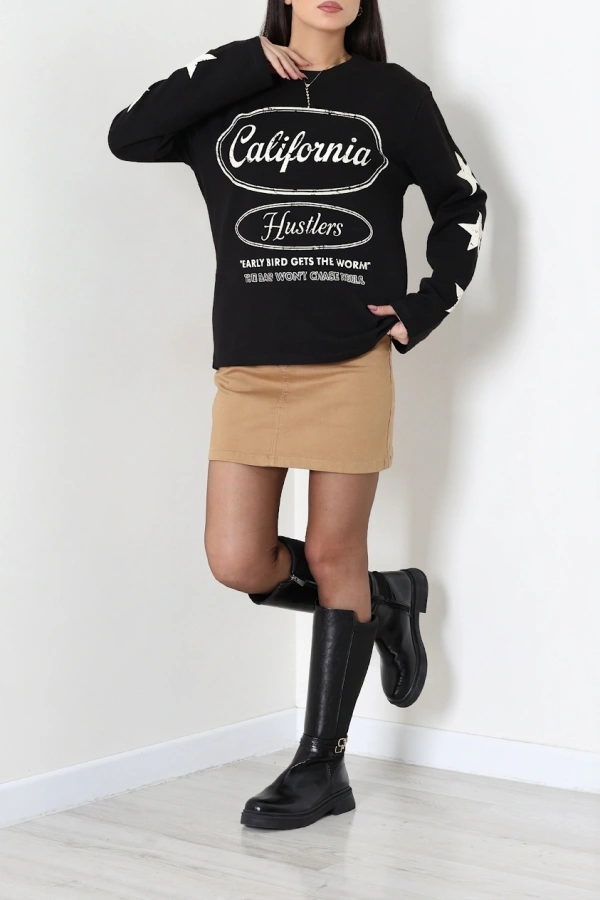Kadın Siyah 2 İplik Baskılı Bisiklet Yaka Sweatshirt 6