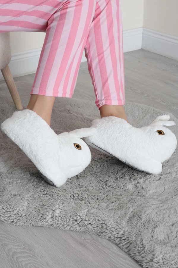 Kadın Beyaz Hayvan Figürlü Peluş Panduf Ev Terliği 7