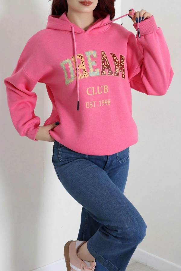 Kadın Pembe Üç İplik Baskılı Kapüşonlu Sweat 3