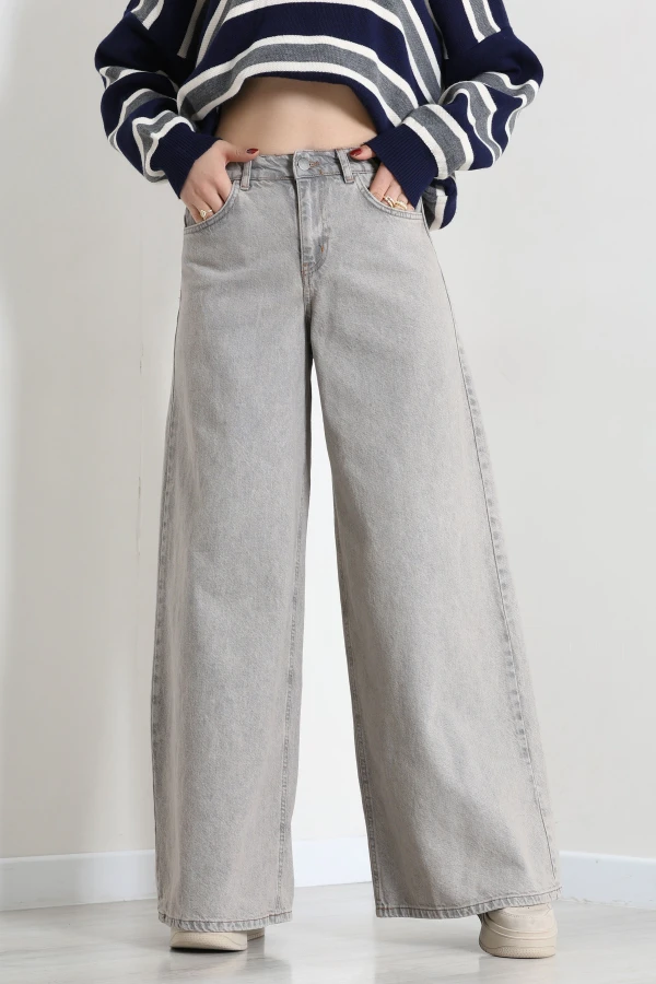 Kadın Gri Wide Leg Yüksek Bel Bol Paça Kot Pantolon 2