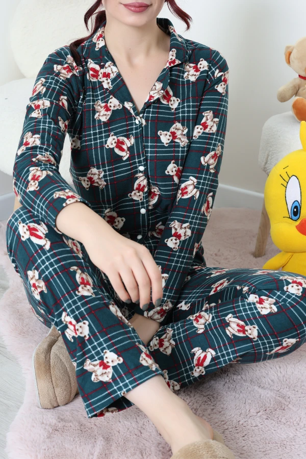 Süet Düğmeli Pijama Takım Zümrüt 7