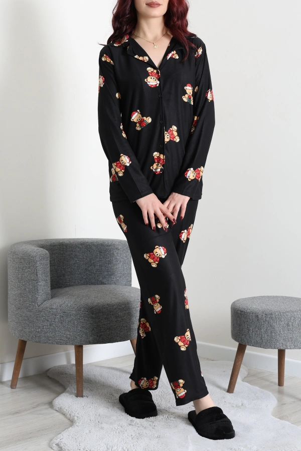Kadın Siyah Kırmızı Süet Düğmeli Pijama Takımı 5