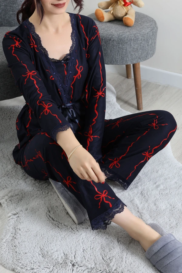 Süet 3'Lü Pijama Set Lacivertkurdele 5