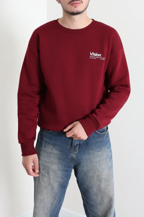 Bisiklet Yaka Baskılı Şardonlu 3 İplik Erkek Sweat Bordo 2