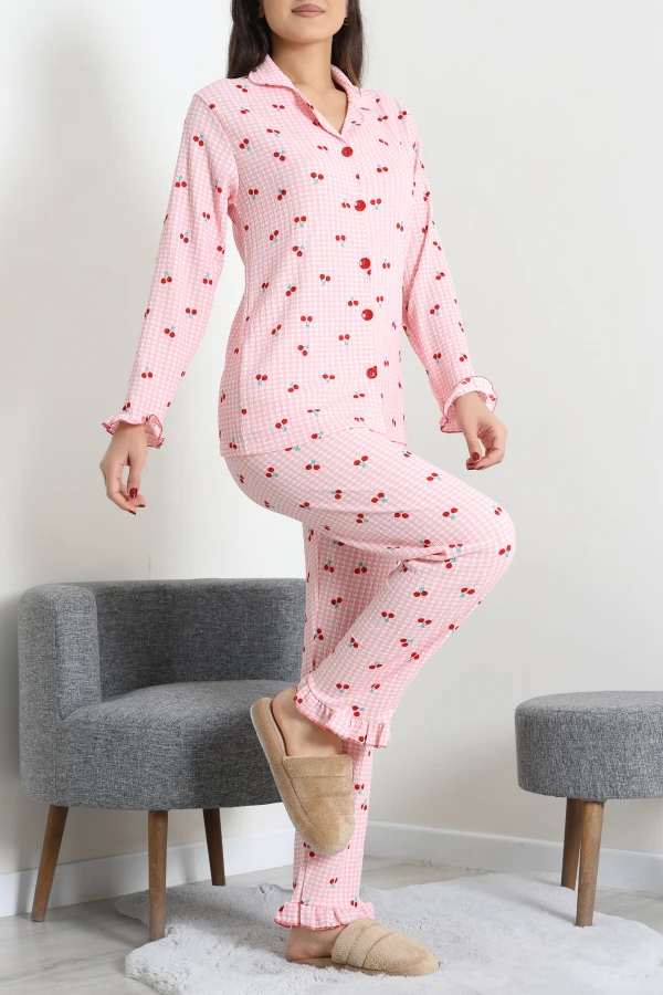 Bürümcük Düğmeli Pijama Takımı Somonbeyaz 3