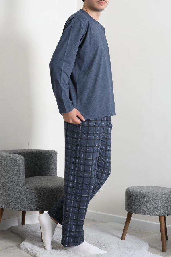 Erkek Koyu Mavi Süprem Ekose Bisiklet Yaka Uzun Kol Cepli Pijama Takımı 5