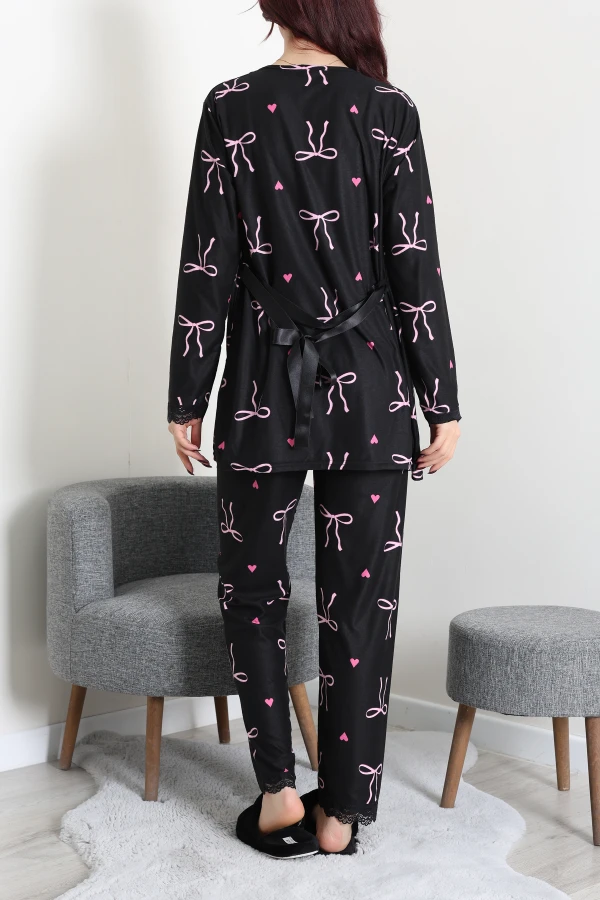 Süet 3'Lü Pijama Set Siyahkurdele 7