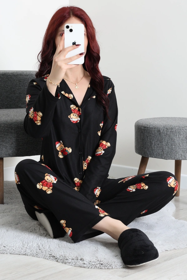 Kadın Siyah Kırmızı Süet Düğmeli Pijama Takımı 6