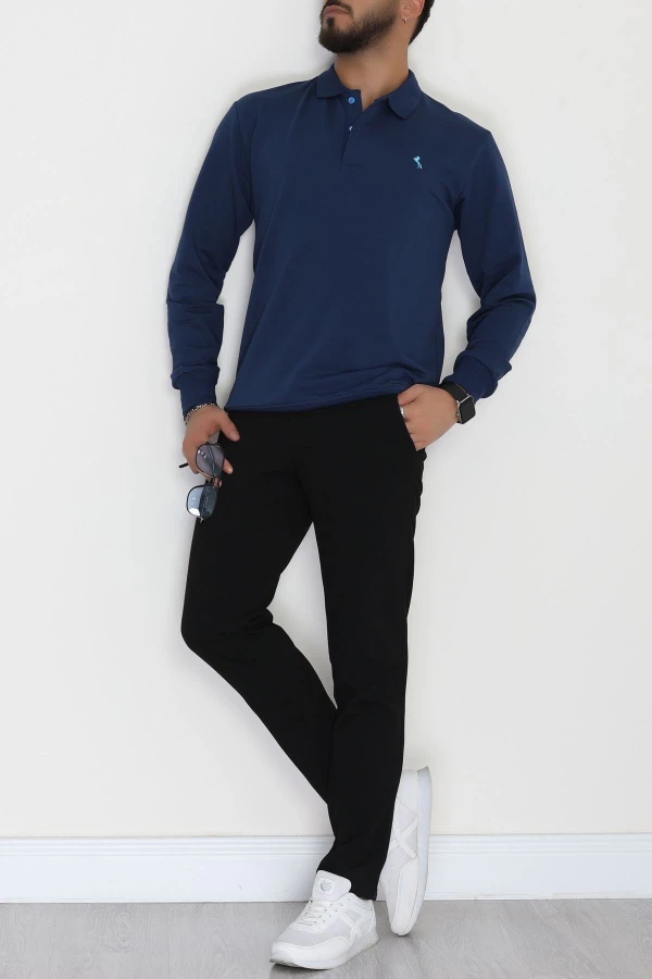 Erkek Lacivert 2 İplik Likralı Polo Yaka Sweatshirt 2