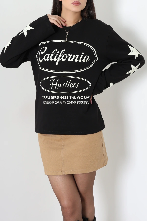 Kadın Siyah 2 İplik Baskılı Bisiklet Yaka Sweatshirt 3