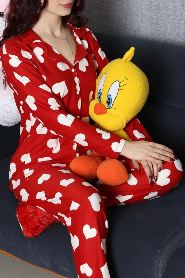 Kadın Bordo Süet Düğmeli Kalpli Pijama Takımı 4