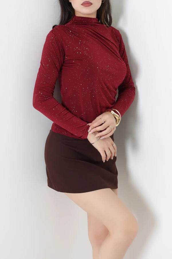 Dik Yaka Drapeli Simli Sandy Bluz Bordo 5