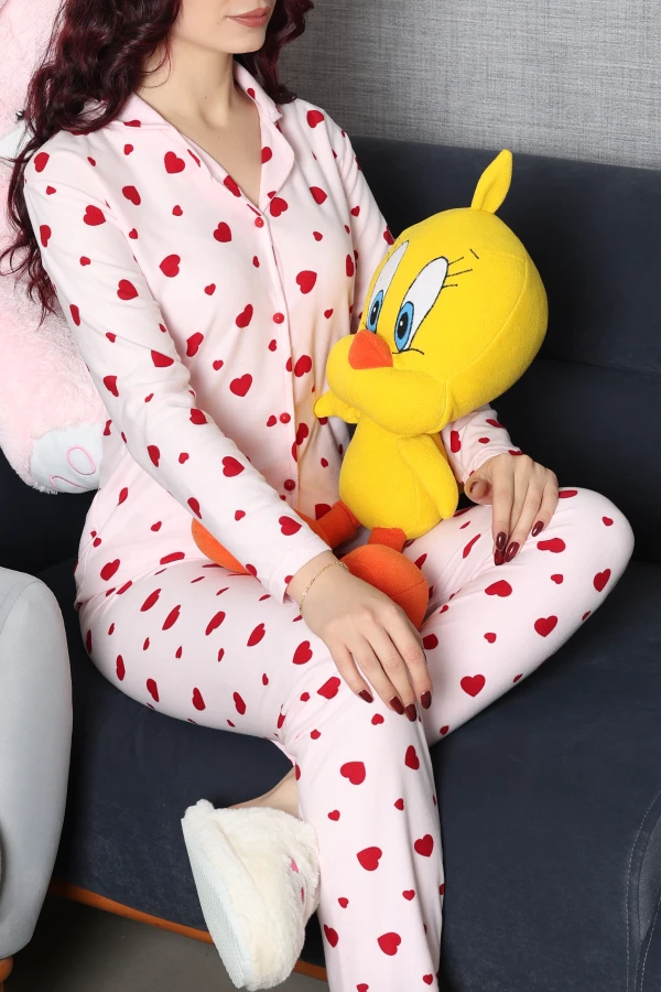 Kadın Pembe Kalpli Süet Düğmeli Pijama Takımı 2