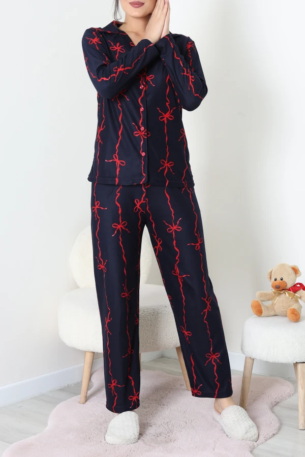 Süet Düğmeli Pijama Takımı Lacivertkırmızı 5