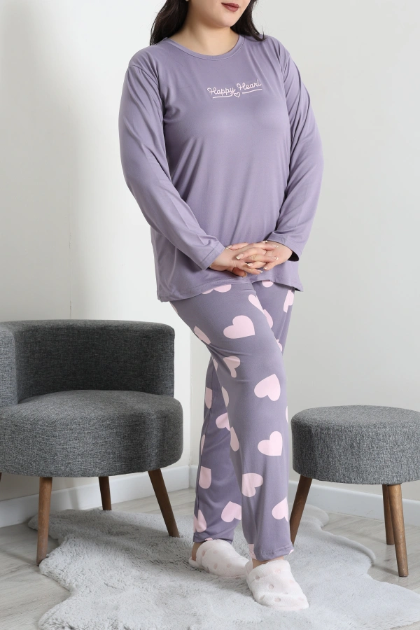 Kadın Mor Büyük Beden Baskılı Pamuklu Pijama Takımı