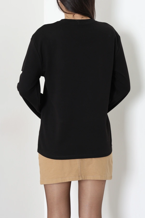 Kadın Siyah 2 İplik Baskılı Bisiklet Yaka Sweatshirt 8
