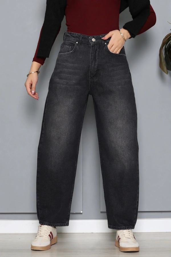 Kadın Koyu Füme Baggy Fit Yüksek Bel Kot Pantolon 2
