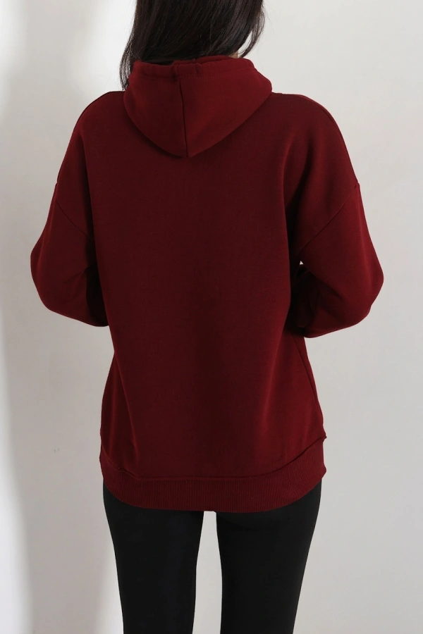Kadın Bordo Üç İplik Kapüşonlu Baskılı Sweat Tunik 8