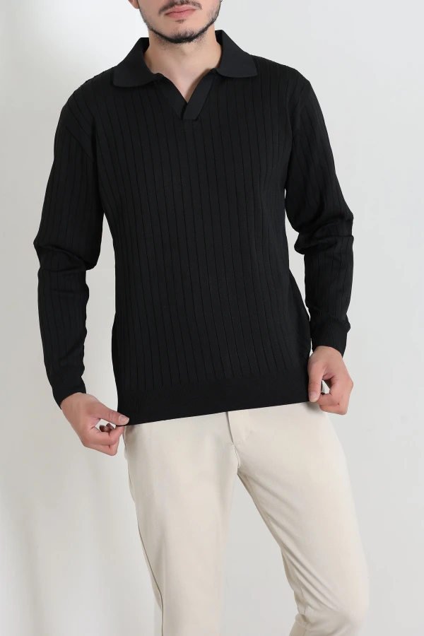 Erkek Siyah Polo Yaka Triko Sweat Uzun Kollu Basic 5
