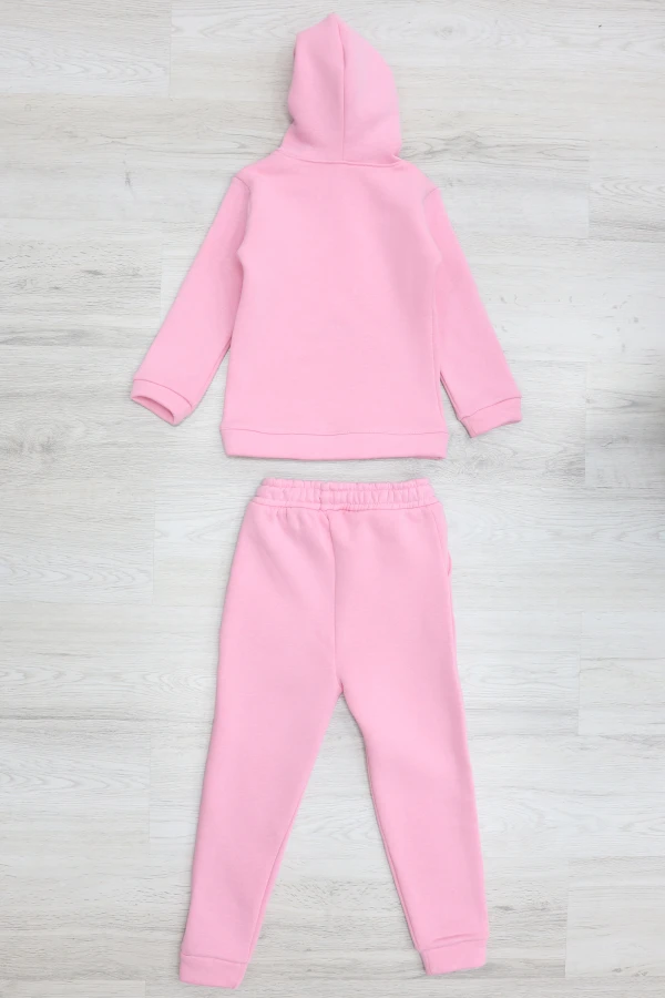 5-12 Yaş 3 İplik Kapşonlu Baskılı Çocuk Takım Pembe 7