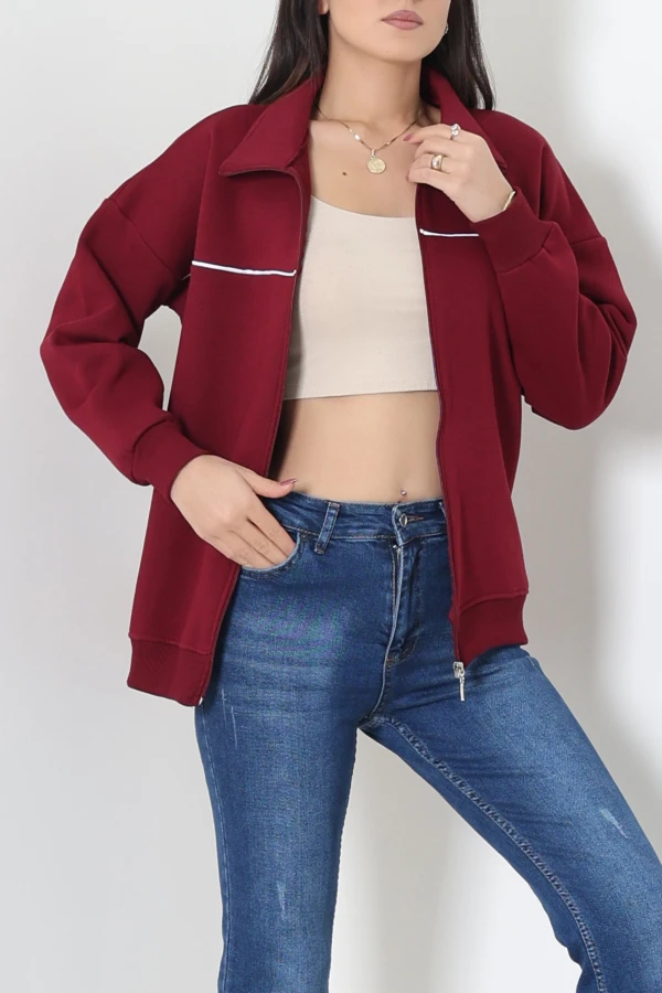 3 İplik Kompakt Oversize Biye Detaylı Sweat Bordo 5