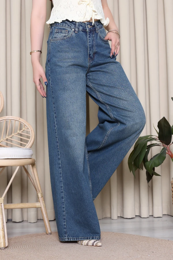 Kadın Koyu Mavi Wide Leg Yüksek Bel Kot Pantolon 3