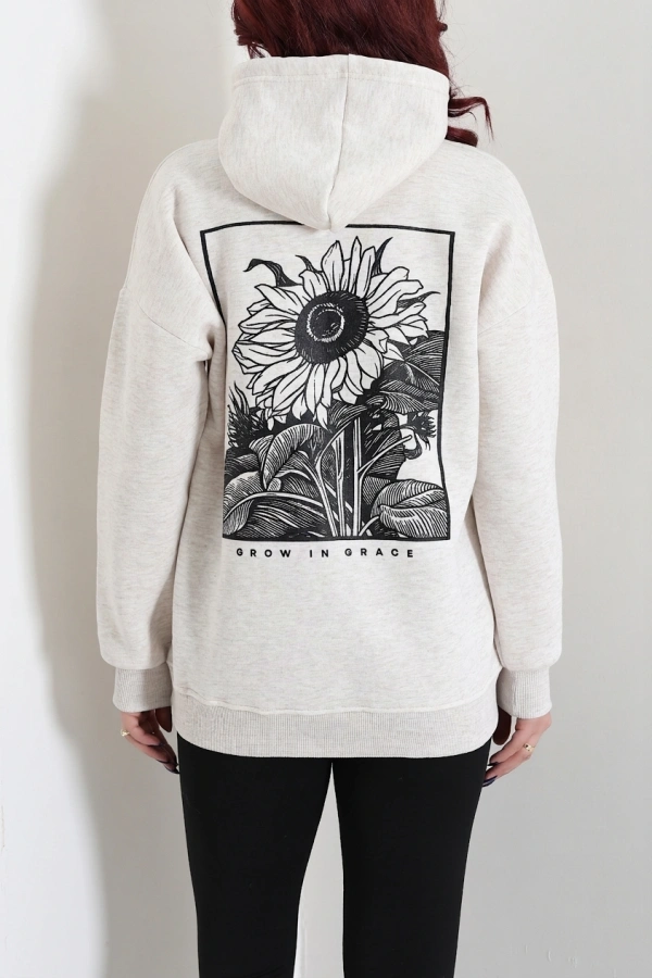 Kadın Bej Kapüşonlu Baskılı Oversize Sweat Tunik 8