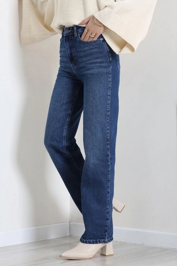 Kadın Koyu Mavi Straight Fit Yüksek Bel Kot Pantolon 4