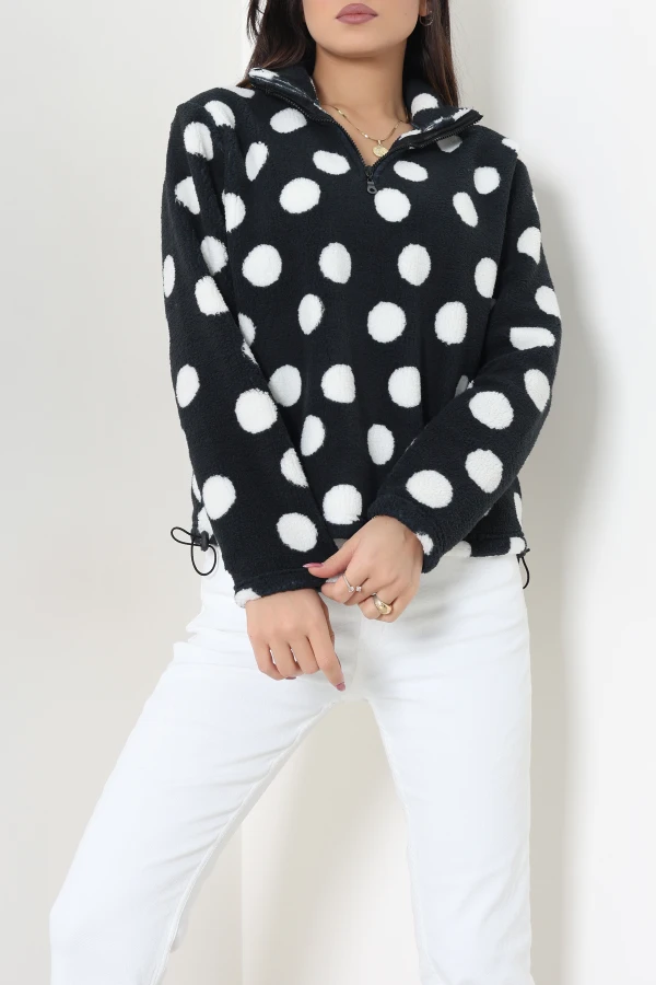 Yarım Fermuar Peluş Sweat Siyahpuanlı