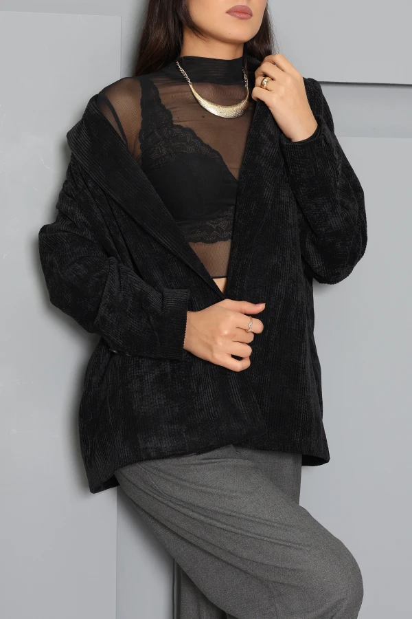 Oversize Astarlı Kadife Ceket Siyah 7