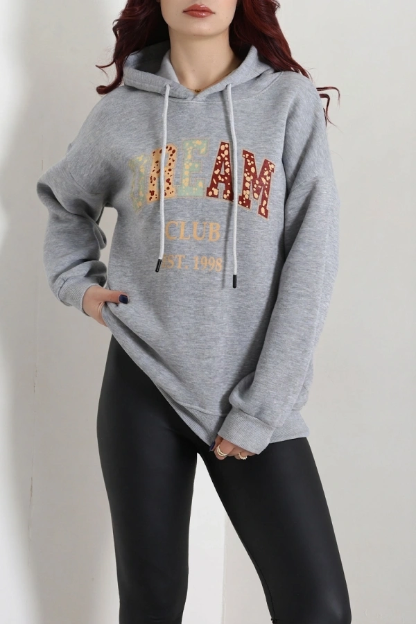 Kadın Gri Üç İplik Baskılı Kapüşonlu Sweat Tunik 3