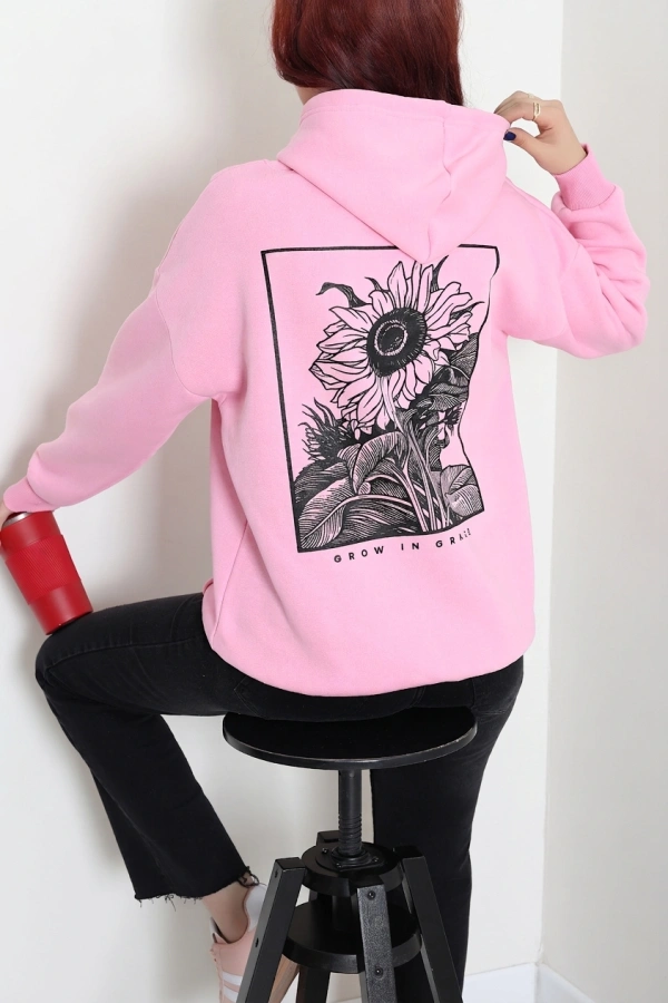 Kadın Pembe Kapüşonlu Baskılı Oversize Sweat Tunik 3