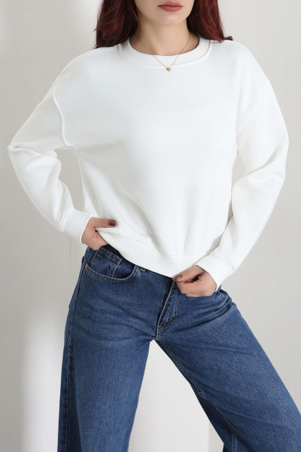 Kadın Ekru 3 İplik Bisiklet Yaka Şardonlu Sweatshirt 3