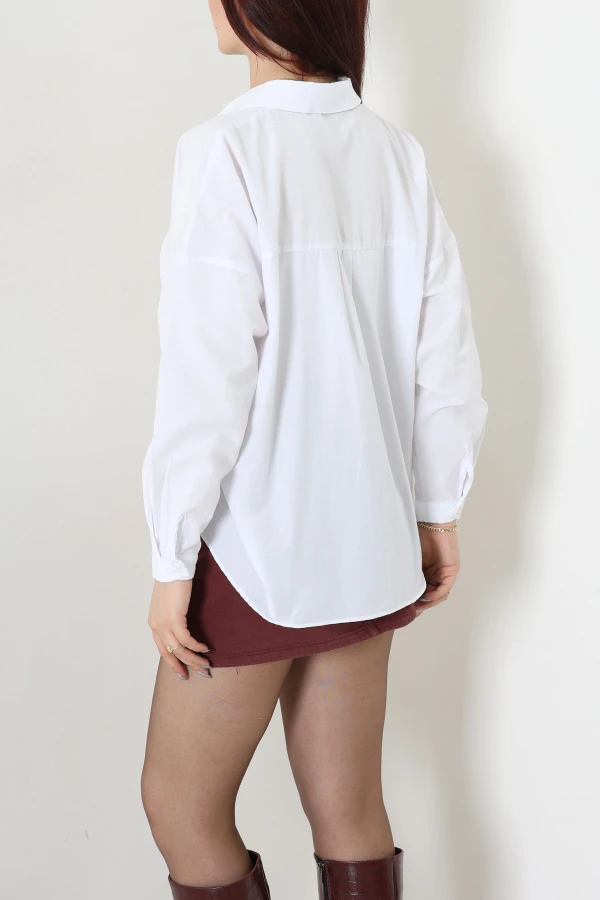 Düşük Omuz Oversize Poplin Gömlek Beyaz 7