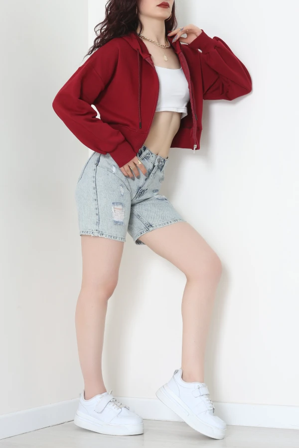 3 İplik Şardonsuz Balon Kol Crop Sweat Bordo 3