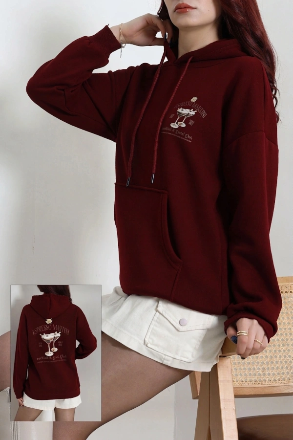 Kadın Bordo Üç İplik Kapüşonlu Baskılı Sweat Tunik