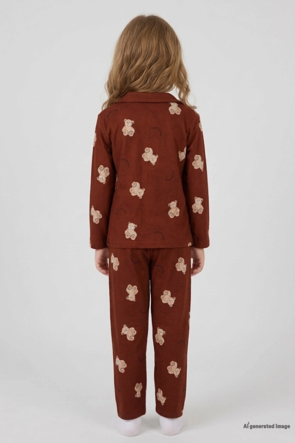5-12 Yaş Baskılı Süet Düğmeli Çocuk Pijama Takımı Kiremit 3
