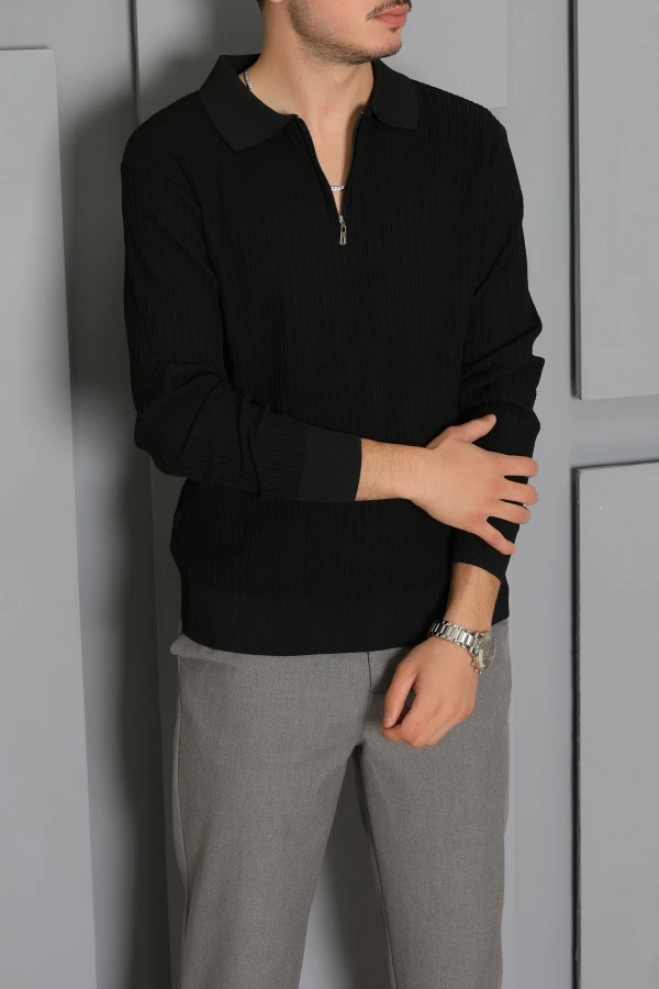 Fermuarlı Polo Yaka Erkek Triko Sweat Siyah 4