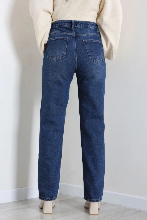 Kadın Koyu Mavi Straight Fit Yüksek Bel Kot Pantolon 7