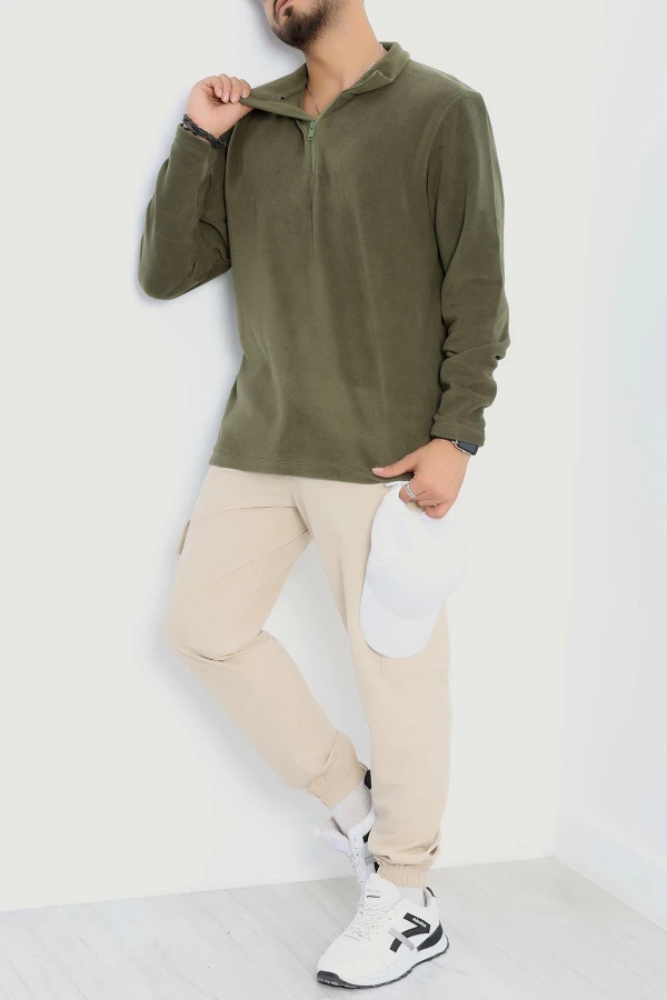 Yarım Fermuar Erkek Polar Sweat Haki 4