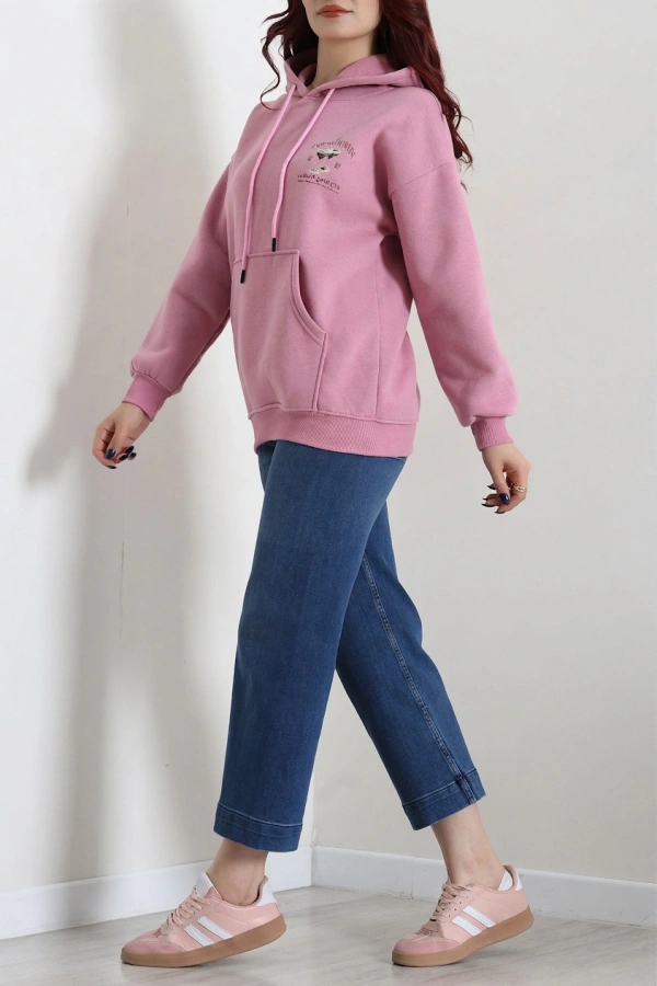 Kadın Pembe Üç İplik Kapüşonlu Baskılı Sweat Tunik 4
