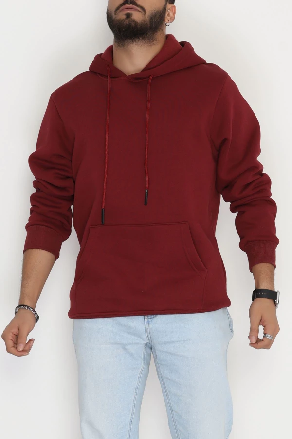 Kanguru Cepli Şardonlu 3 İplik Erkek Sweat Bordo 2