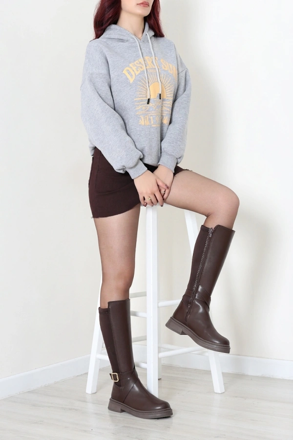 Kadın Gri Üç İplik Kapüşonlu Baskılı Oversize Sweat 2