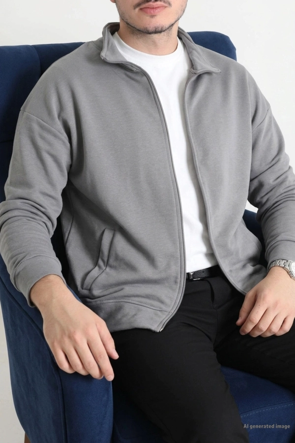 3 İplik Şardonsuz Dik Yaka Fermuarlı Erkek Sweat Boyalıgri