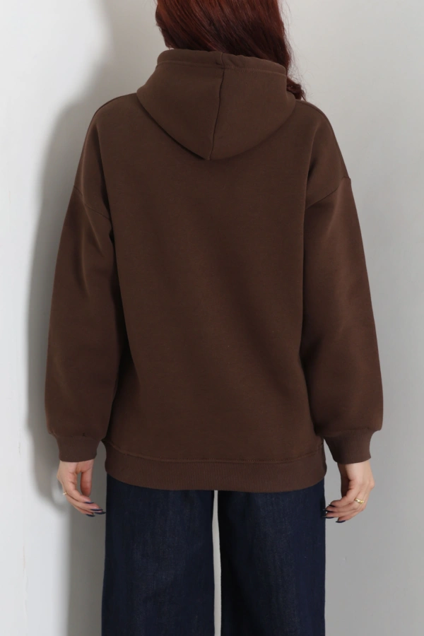 Kadın Kahve Üç İplik Baskılı Kapüşonlu Sweat Tunik 8